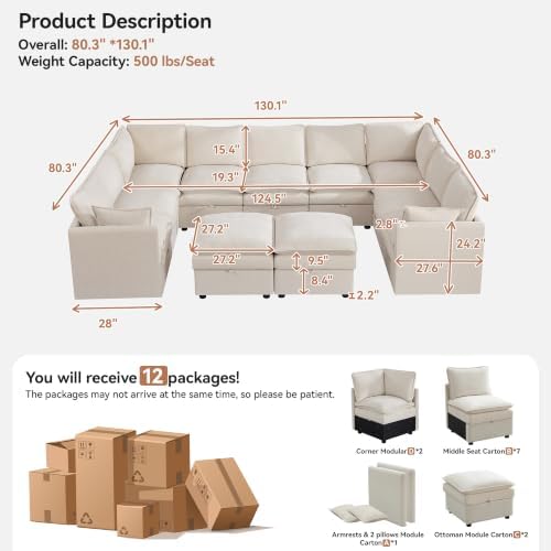 130" Beige Oversized Modular Storage Sofa, U Shaped Chenille Cloud Couch - Image 2