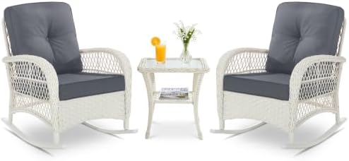 VIVIJASON Outdoor Rocking Chairs Set of 2, 3 Piece Patio Wicker Bistro Set by VIVIJASON