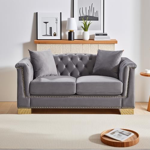 62" Chesterfield Loveseat Grey Velvet Combination Sofa, 2 Cushion Classic 6.5" - Image 7