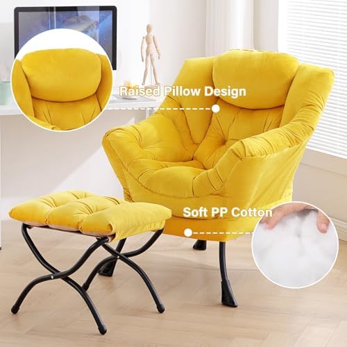 Tiita Lazy Chair with Ottoman, Comfy Reading Accent Chair, Velvet Yellow - Image 4