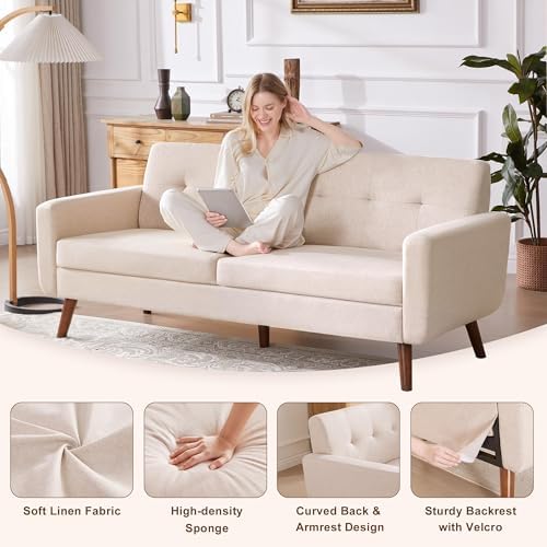 Tbfit 77.2" W Linen Sofa Couch, Mid Century Modern Decor Loveseat Couches - Image 5