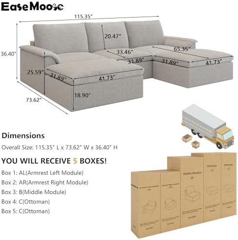 EASE MOOSE 115" U Shaped Sofa, Modular Boneless Couches - Image 2