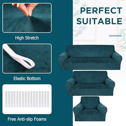 Peryiter 3 Pcs Couch and Loveseat Sofa Covers, Deep Teal - Image 3