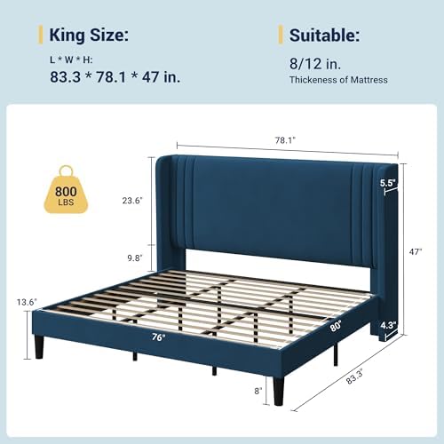 Allewie Queen Size Velvet Platform Bed Frame, Tall Wingback Headboard - Image 2