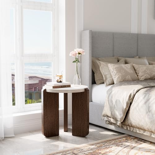 COSIEST 17.7" Mini Round Side Table, Faux Marble, Cream & Brown - Image 6