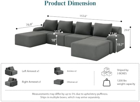 147" Boneless Couches for Living Room Oversized U-Shaped Gray - Image 2