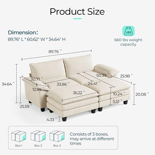 LINSY HOME 90'' Modular Sectional Sofa 2 Seat Couch Corduroy Cloud Couch - Image 2