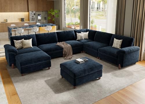 SITJOY Cloud Couch Sectional, 6 Seater V-Shaped Sofa, Chenille in Navy Blue by SitjoyComfortableSitting
