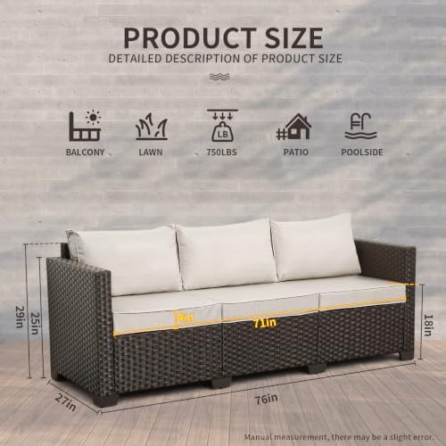 WAROOM Patio Couch PE Rattan 3-Seat Outdoor Sofa Brown Wicker Furniture Set - Image 3