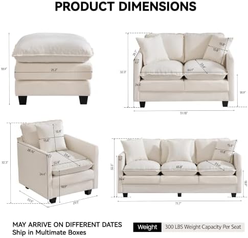 Cloud 3 Pieces Sofa Set, 1+1+3 Seater Couch, Modern Sofas Sets - Image 2