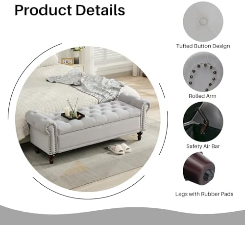SOFTHION 58.1" Storage Bench for Bedroom, Velvet Upholstered, Light Grey - Image 4