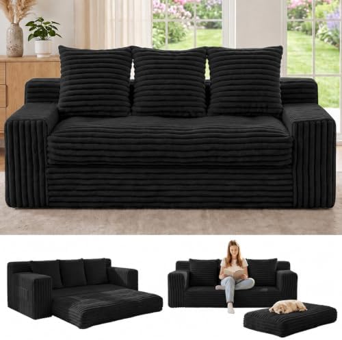 Convertible Sofa Bed, Small Boneless Couch, Corduroy 3 Seater Boneless Couch Bed by FelizHome