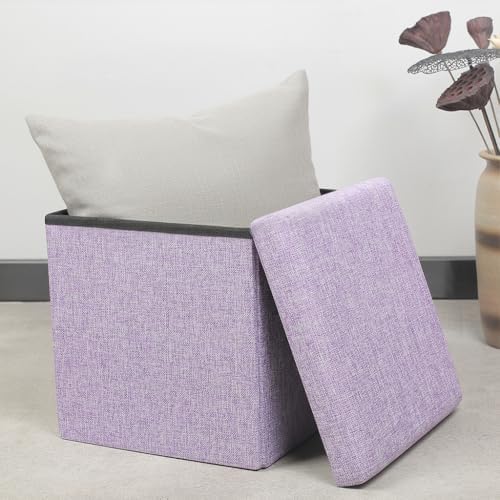 B FSOBEIIALEO Storage Ottoman Cube, 11.8" Linen Small Ottoman, Light Purple - Image 2