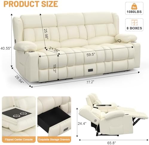 Dresegmt Recliner Sofa Set, Flip Middle Backrest Design PU Leather 3 Seater - Image 2