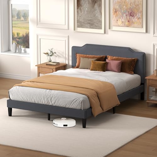 Queen Size Bed Frame with Upholstered Headboard, Platform Bed with Soft Linen - Image 4