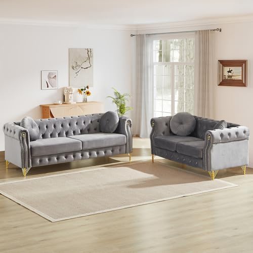 2 Pieces Mid Century Modern Chesterfield Sofa Set, Upholstered Button Tufted by JEEOHEY