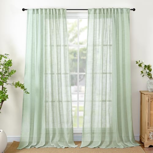 Light Green Linen Semi Sheer Curtains 84 Inch Length by YoungsTex