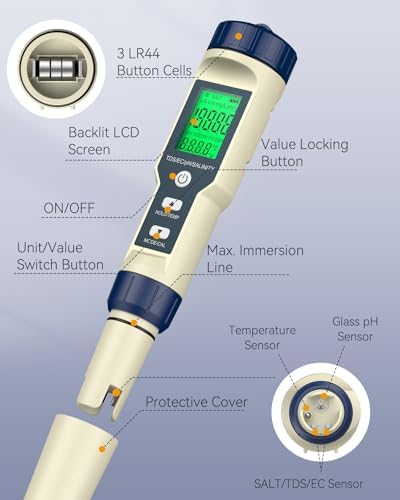 Pawfly Pool Salt Tester & pH Meter, 5 in 1 pH Salinity TDS EC & Temperature - Image 3