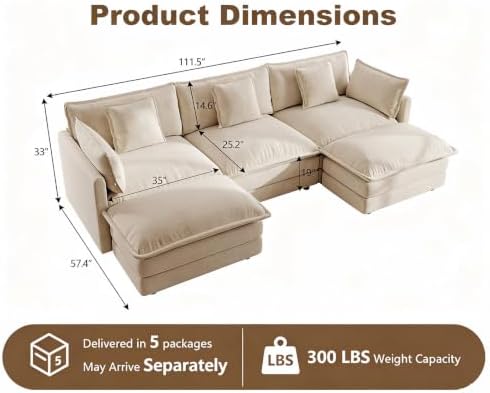 111.5" Modular Sectional Sofa, U Shaped Cloud Couch - Image 2