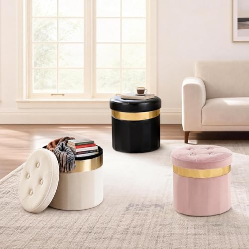 xuperbonus Small Ottoman with Storage, Folding Round Ottoman with Gold Trim - Image 2