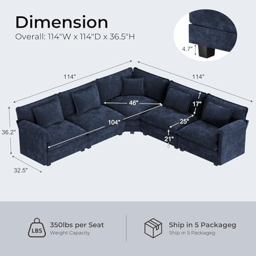 ELUCHANG 114" Oversized Modular Sectional Sofa, Comfy Chenille Cloud Couch - Image 2
