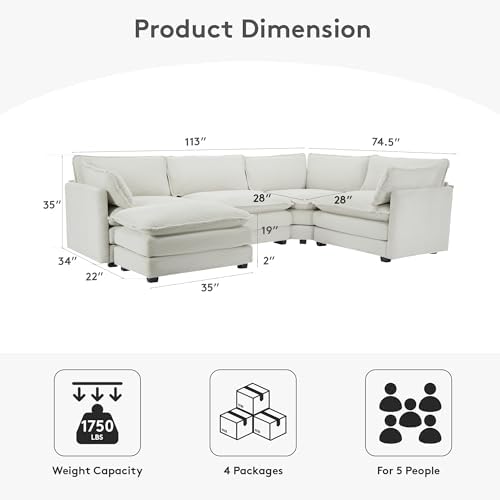 ROWHY 113'' Modular Sectional Cloud Couch, 5 Seater Corner Sofa Big Comfy - Image 2