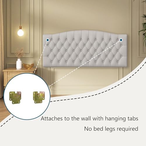 Furpopup Velvet Queen Size Headboard Only Upholstered Wall Mount Light Gray - Image 4