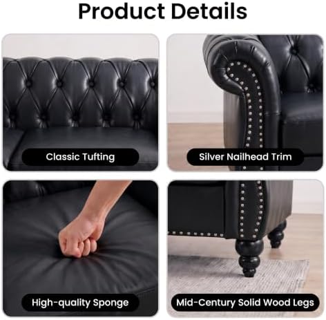 3 Seat Chesterfield Sofa, Faux Leather Couch - Image 3