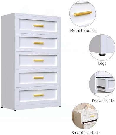 Metal Drawer Dresser for Bedroom，White 5 Drawer Dresser - Image 4
