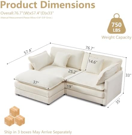 GNIXUU 76.7" Beige White Small L Shaped Cloud Couch Loveseat - Image 2