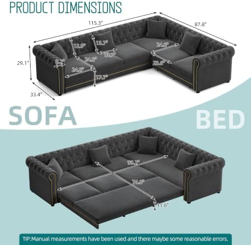 115.3" Velvet L-Shaped Pull-Out Chesterfield Sleeper Sofa Bed, Dark Grey‌ - Image 3