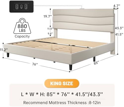 EnHomee King Size Bed with Upholstered Headboard & Charging Station - Image 2