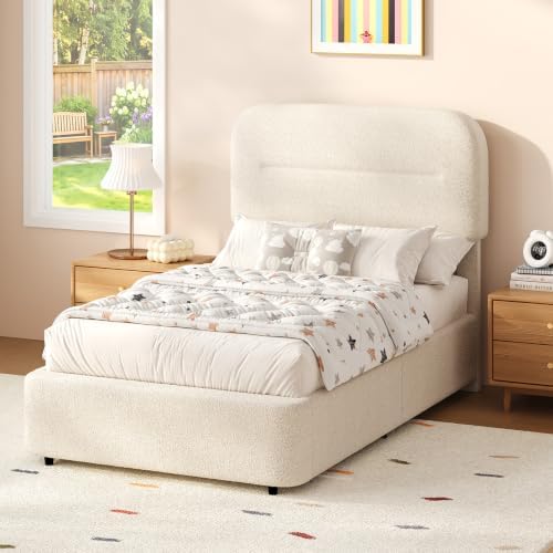 HOMBCK Twin Bed Frame, Cream Boucle Upholstered Platform Bed by HOMBCK