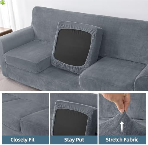 Luxury Velvet Sofa Covers for 3 Cushion Couch, Light Grey - Image 6