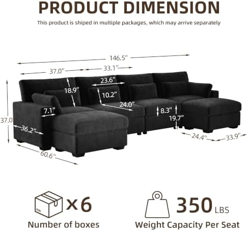 WorthFurni 146.5'' Modular Sectional Sofa, U Shaped Oversized Extra Deep Couches - Image 2