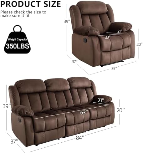 EBELLO Manual Reclining Sofa Set, Classic Recliner Sofa - Image 2