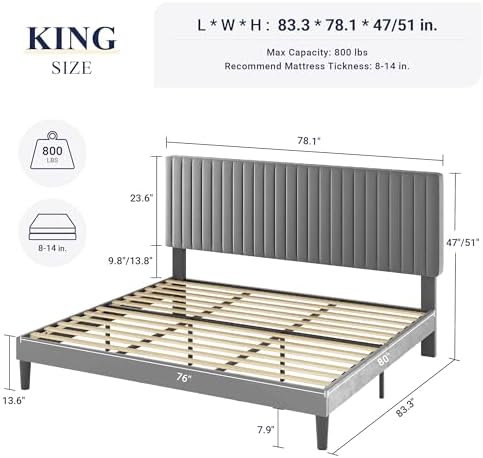 Allewie King Bed Frame, Velvet Upholstered Platform Bed - Image 2