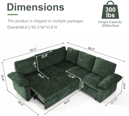 85'' Modular Sectional Sleeper Sofa, L Shape Pull Out Sofa Bed - Image 3