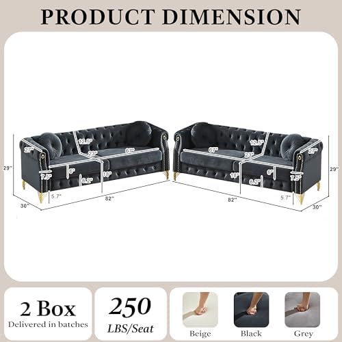 2 Pieces Black Velvet Chesterfield 82" 3-Seater Sofa Sets - Image 2