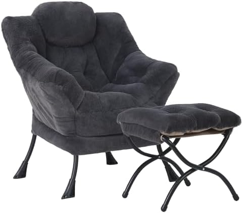 Modern Lazy Chair with Ottoman, Comfy Accent Reading Chair, Plush Navy by MBOOYOME