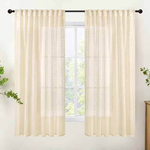 YoungsTex Linen Semi Sheer Curtains 63 Inch Length Cream Beige Drapes by YoungsTex