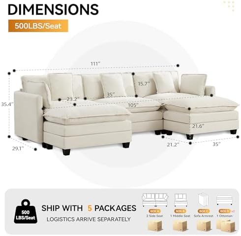 111'' Sectional Cloud Deep Seat Couch, Oversized Chenille U Shaped Sectional - Image 2