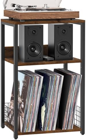LELELINKY Large Brown Record Player Stand, 3 Tier 18" Wide Big End Table by LELELINKY