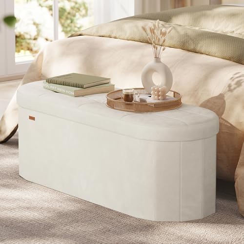 SONGMICS Folding Ottoman with Storage, Oval Bench, Velvet Fabric - Image 2