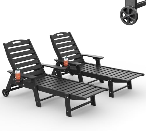 HDPE Outdoor Chaise Lounge Chair Set of 2, 77.8" Extended Length Patio Lounge by Suunyn