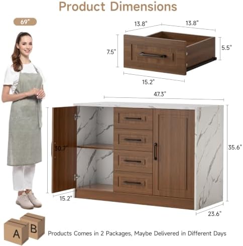 ONBRILL Kitchen Island with 2 Storage Cabinets & 4 Drawers - Image 2