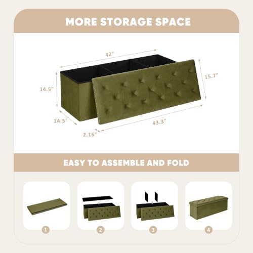 PINPLUS Folding Storage Ottoman Bench, Olive Green Velvet - Image 3