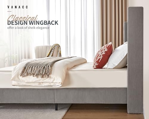 VanAcc Queen Size Corduroy Upholstered Platform Bed Frame - Image 4