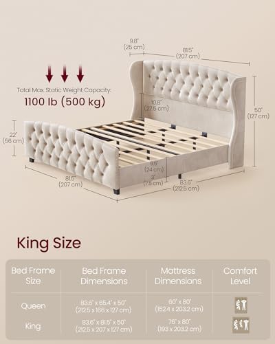 VASAGLE King Platform Bed Frame, Upholstered, Wooden Slats - Image 2