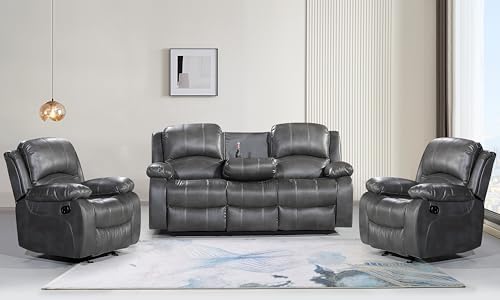 Betsy Furniture Grey Leather 3+1+1 Loveseat Sofa Set by BetsyFurniture